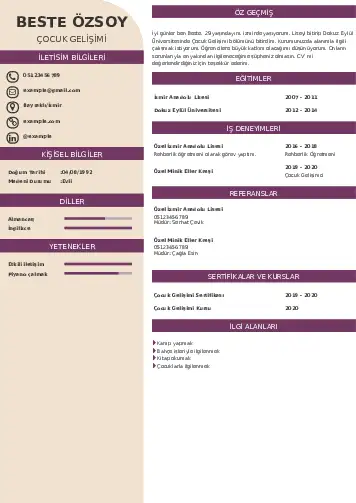 Çocuk Gelişimi Bölümü CV Örnekleri cv indir
